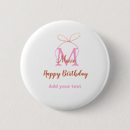 Pink glitter bow add name letter monogram birthday ronde button 5,7 cm