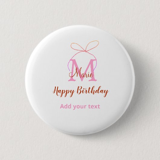 Pink glitter bow add name letter monogram birthday ronde button 5,7 cm (Voorkant)