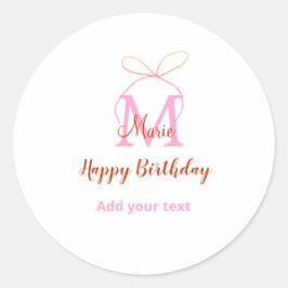 Pink glitter bow add name letter monogram birthday ronde sticker