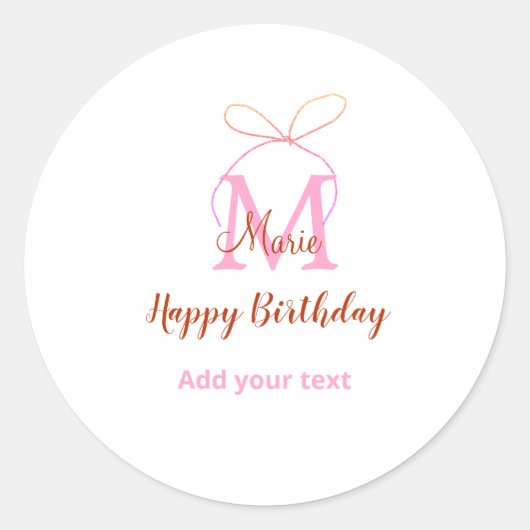 Pink glitter bow add name letter monogram birthday ronde sticker (Voorkant)