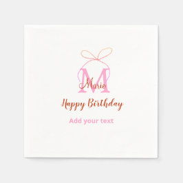 Pink glitter bow add name letter monogram birthday servet