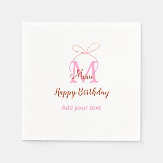 Pink glitter bow add name letter monogram birthday servet (Voorkant)