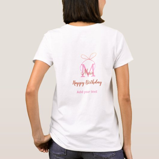 Pink glitter bow add name letter monogram birthday t-shirt (Achterkant)
