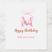 Pink glitter bow add name letter monogram birthday wijn etiket (Enkel label)