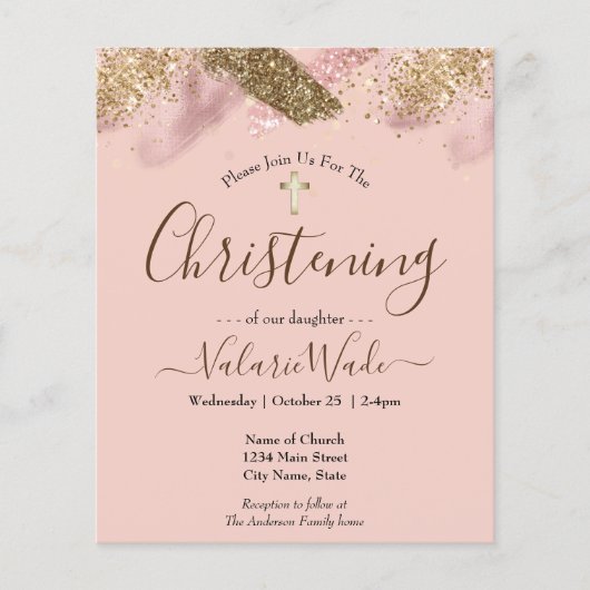 Pink Glitter Budget Christening Flyer (Voorkant)