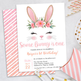 Pink Glitter Bunny Floral eerste verjaardag Kaart