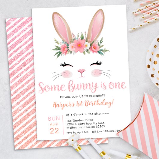 Pink Glitter Bunny Floral eerste verjaardag Kaart