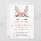 Pink Glitter Bunny Floral eerste verjaardag Kaart (Voorkant)