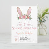 Pink Glitter Bunny Floral eerste verjaardag Kaart (Staand voorkant)