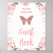 Pink Glitter Butterfly Guest Book Verjaardagsbord Poster (Voorkant)