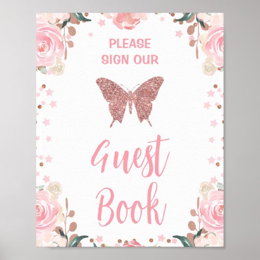 Pink Glitter Butterfly Guest Book Verjaardagsbord Poster (Voorkant)