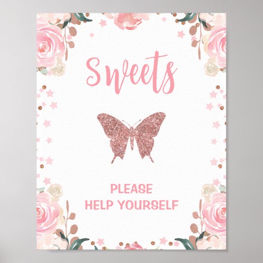 Pink Glitter Butterfly Sweets Verjaardag Party Sig Poster (Voorkant)