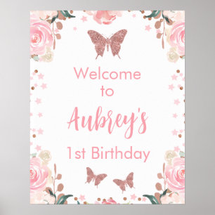 Pink Glitter Butterfly Verjaardag Welkom Poster