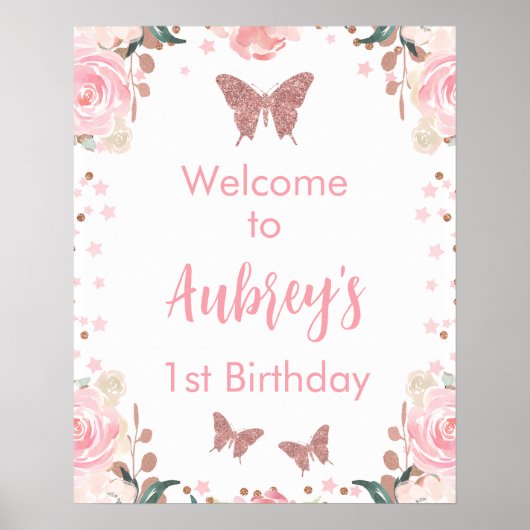 Pink Glitter Butterfly Verjaardag Welkom Poster (Voorkant)