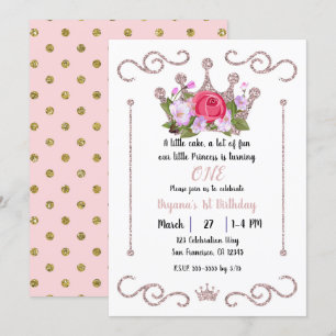 Pink Glitter Crown Floral ONE 1st Birthday Party Kaart