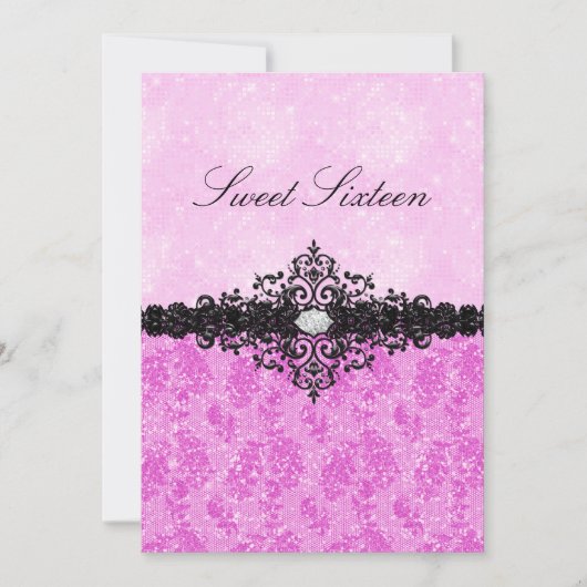 Pink Glitter Damask Sweet 16 Uitnodiging (Voorkant)