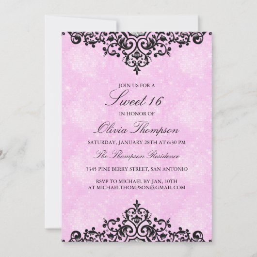 Pink Glitter Damask Sweet 16 Uitnodiging (Achterkant)