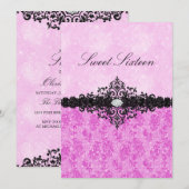 Pink Glitter Damask Sweet 16 Uitnodiging (Voorkant / Achterkant)