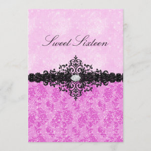 Pink Glitter Damask Sweet 16 Uitnodiging