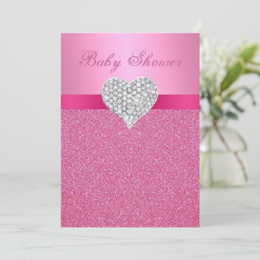 Pink Glitter Diamond Heart Baby shower Uitnodiging (Staand voorkant)