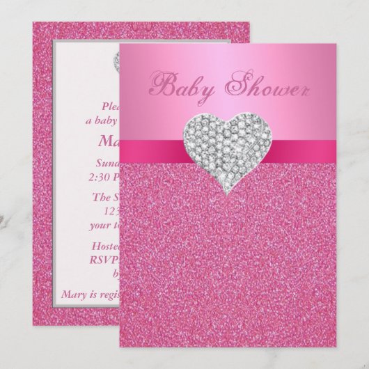 Pink Glitter Diamond Heart Baby shower Uitnodiging (Voorkant / Achterkant)