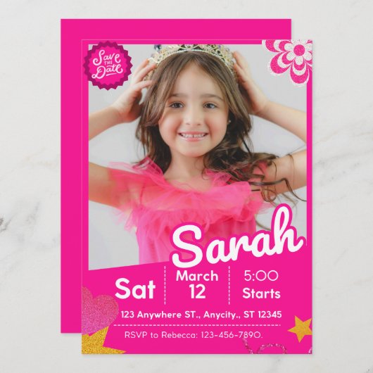 Pink Glitter Doll Inspired Birthday Invitation (Voorkant / Achterkant)