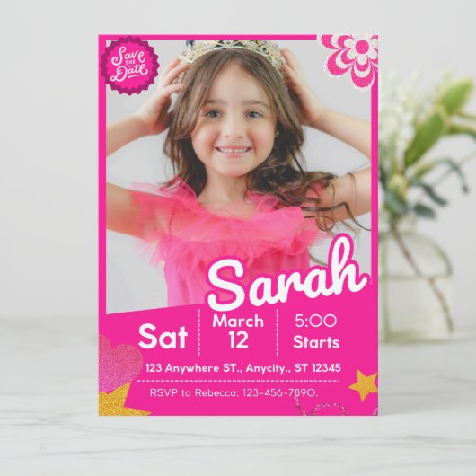 Pink Glitter Doll Inspired Birthday Invitation (Staand voorkant)