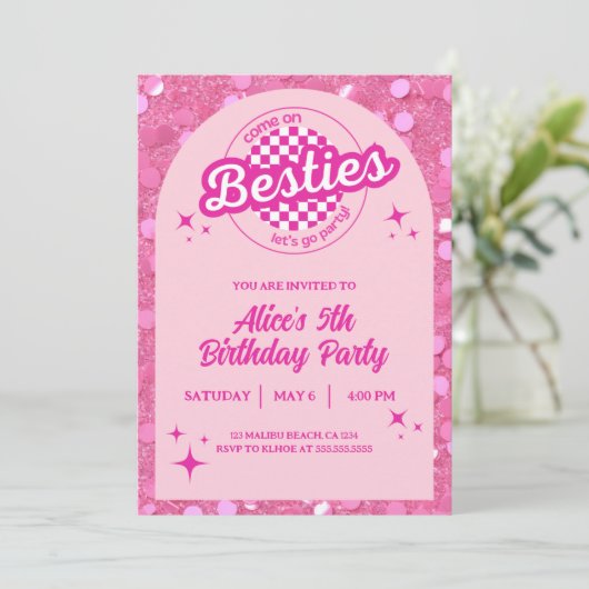 Pink Glitter Doll Themed Birthday Invitation Kaart (Staand voorkant)