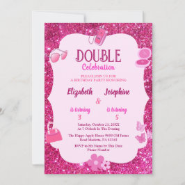 Pink Glitter Double Birthday Party For Girls Kaart