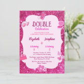 Pink Glitter Double Birthday Party For Girls  Kaart (Staand voorkant)