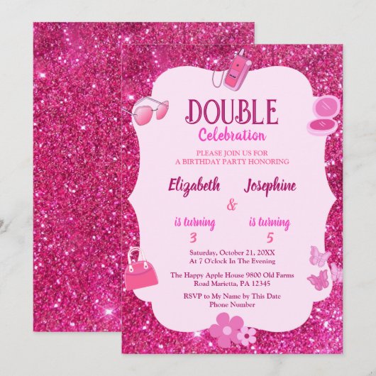 Pink Glitter Double Birthday Party For Girls  Kaart (Voorkant / Achterkant)