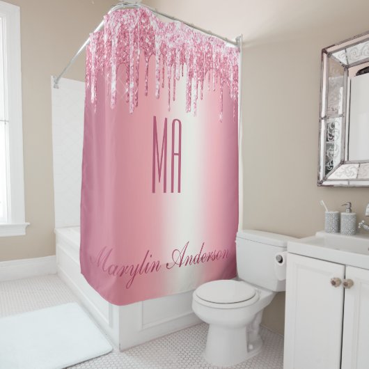 PINK GLITTER DRIP CUSTOM-NAAM MONOGRAM DOUCHEGORDIJN (In situ)