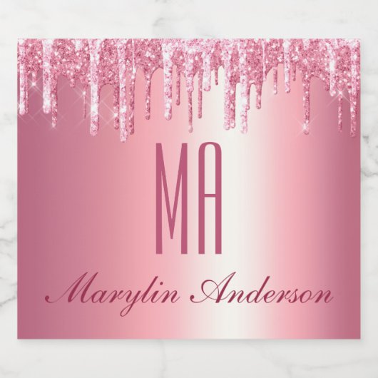  PINK GLITTER DRIP CUSTOM-NAAM MONOGRAM LIKEURFLES ETIKET (Enkel label)