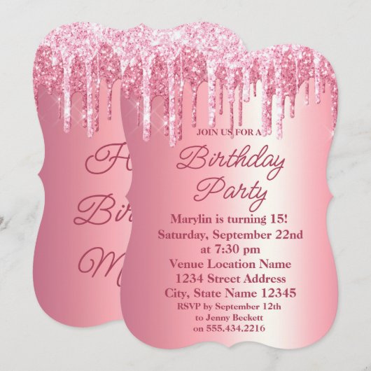 PINK GLITTER DRIP ELEGANT BIRTHDAY INVITATION KAART (Voorkant / Achterkant)