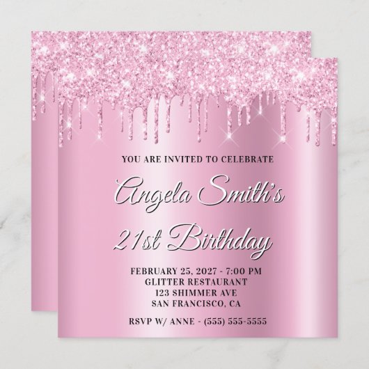 Pink Glitter Drips Shimmer Ombre Drop Shadow Kaart (Voorkant / Achterkant)