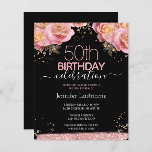 Pink Glitter Floral 50th Birthday Invitations (Voorkant / Achterkant)