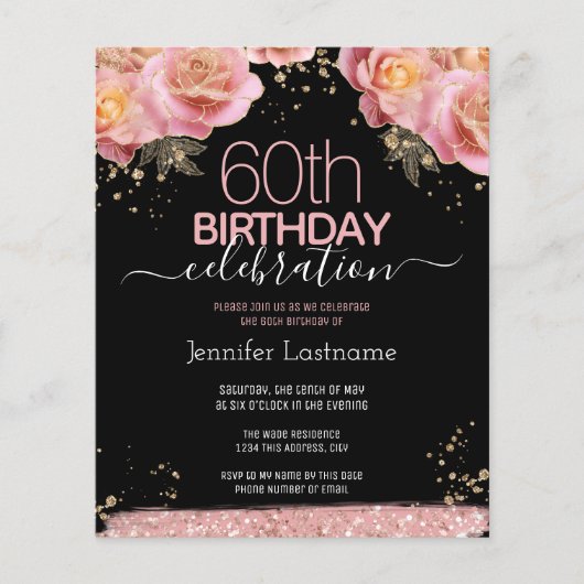 Pink Glitter Floral 60th Birthday Invitations (Voorkant)