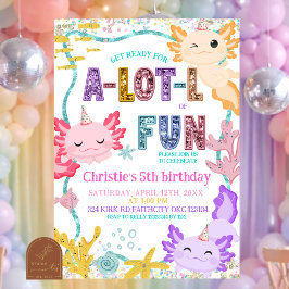 Pink Glitter girl Axolotl birthday invitation Kaart