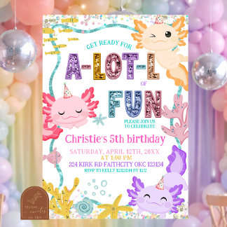 Pink Glitter girl Axolotl birthday invitation Kaart