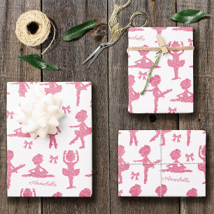 Pink Glitter Girl Ballerina Pattern Birthday Party Inpakpapier Vel