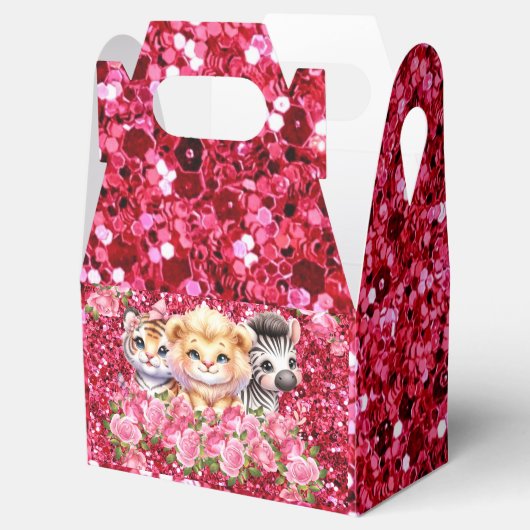 Pink Glitter GIrl's Baby shower Wilde dieren Bedankdoosjes (Geopend)