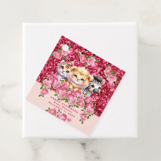 Pink Glitter GIrl's Baby shower Wilde dieren Bedankjes Labels (In situ)
