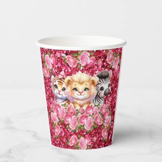 Pink Glitter GIrl's Baby shower Wilde dieren Papieren Bekers (Achterkant)