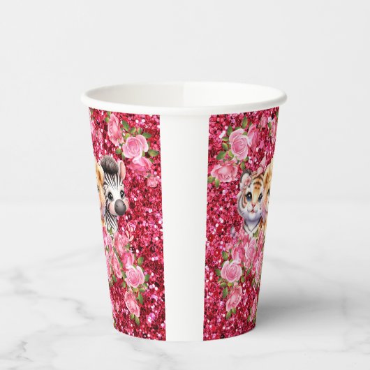 Pink Glitter GIrl's Baby shower Wilde dieren Papieren Bekers (Links)