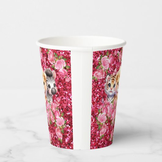 Pink Glitter GIrl's Baby shower Wilde dieren Papieren Bekers (Rechts)