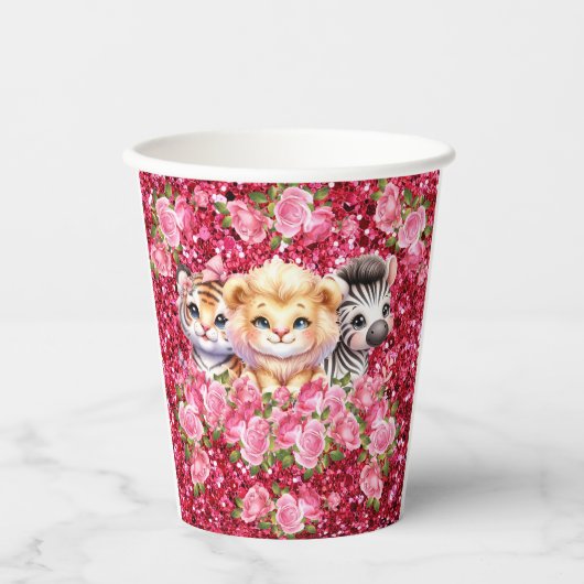 Pink Glitter GIrl's Baby shower Wilde dieren Papieren Bekers (Voorkant)