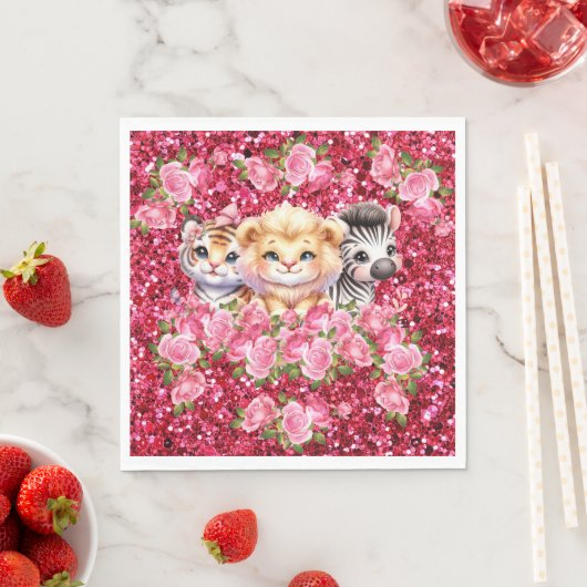 Pink Glitter GIrl's Baby shower Wilde dieren Servet (Insitu)