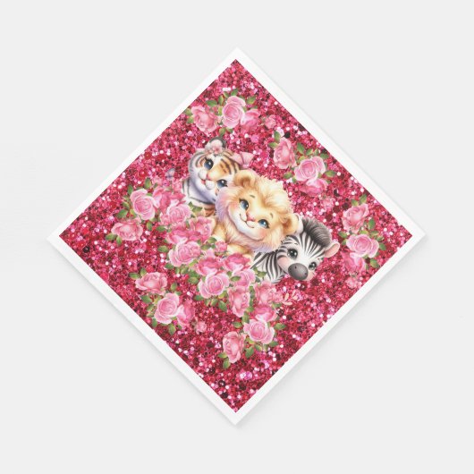 Pink Glitter GIrl's Baby shower Wilde dieren Servet (Hoek)