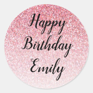 Pink Glitter Glam Happy Birthday Ronde Sticker