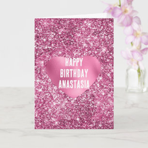 Pink Glitter Glam Heart Birthday Kaart